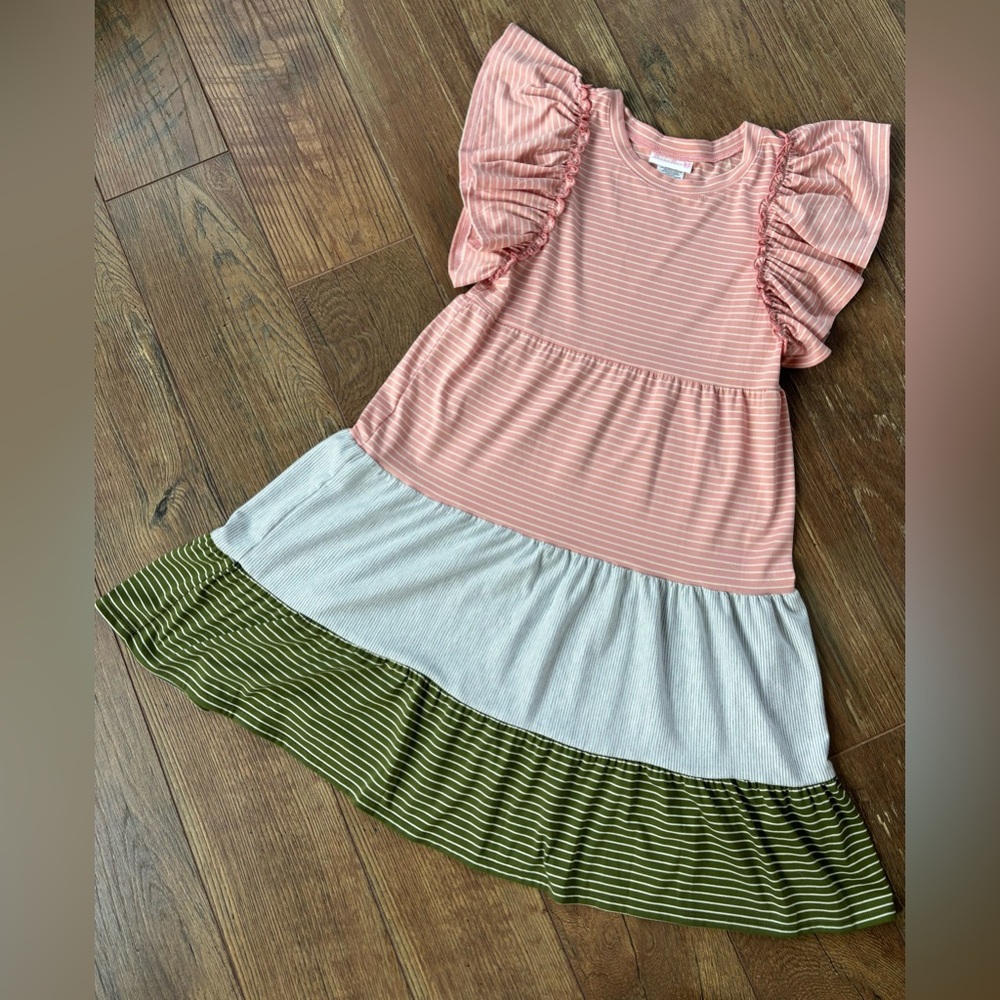 Girls’ Striped Pink, Gray, and Green Tiered Knit Dress, size 16